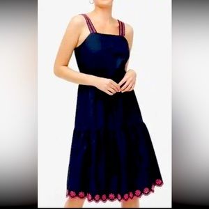 NWT J.Crew Navy and Pink Embroidered Scalloped Tiered Midi Dress Size 00